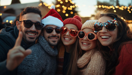 A family holiday party photo booth with festive props and coworkers having funの素材