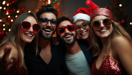 A team business holiday party photo booth with festive props and coworkers having funの素材