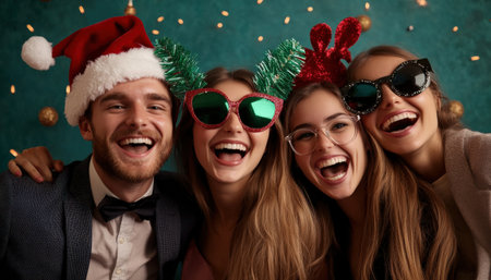A team business holiday party photo booth with festive props and coworkers having funの素材