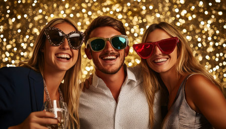 A team business holiday party photo booth with festive props and coworkers having funの素材