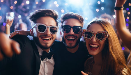 A team business holiday party photo booth with festive props and coworkers having funの素材