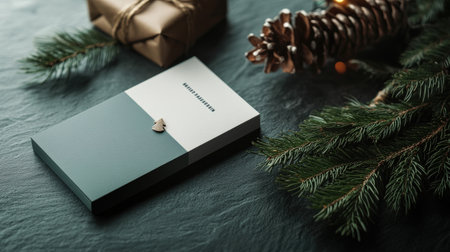 Merry Christmas and Happy Holidays greeting card mockup with fir tree branches, gift boxes and pine cones on black background.の素材