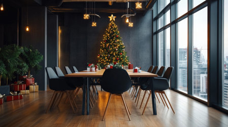 Christmas tree in modern dining room with wooden floor, panoramic window and city viewの素材