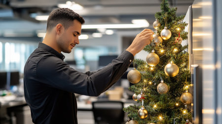 man decorating christmas tree with golden baubles at officeの素材
