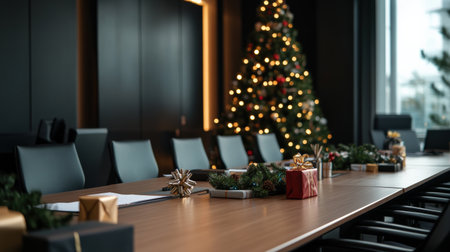 Table with gifts and Christmas tree in modern conference room, closeupの素材