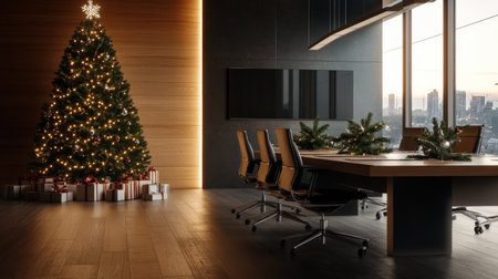 3D rendering of a modern office interior with a Christmas tree and presentsの素材