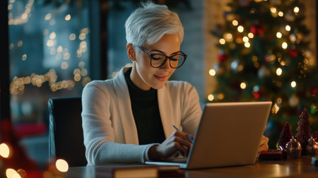 A businesswoman short hair white hair sending out holiday emails with a festive background, celebrating Christmas in a professional settingの素材