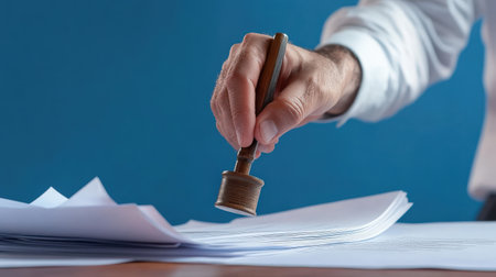 A person stamping a document with an official sealの素材