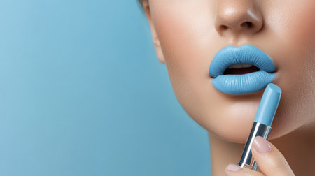 woman applying light blue lip colors to her cute pout lips with a luxury light blue lipstick isolated on light blue backgroundの素材