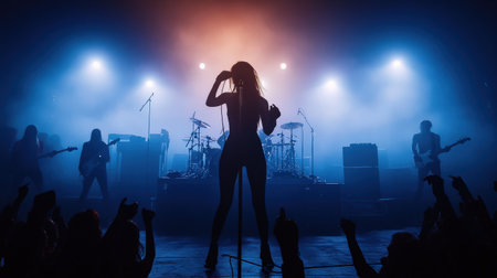A girl group rock star performs on stage in front of a large crowd silhouette. Cyberpunk tone Bokehの素材