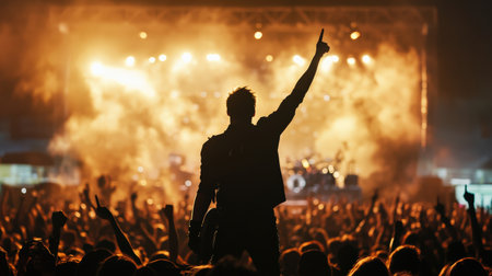 A rock star performs on stage in front of a large crowd silhouette. Cyberpunk tone Bokehの素材