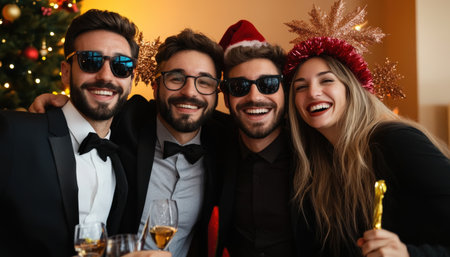 A diverse business holiday party photo booth with festive props and coworkers having funの素材