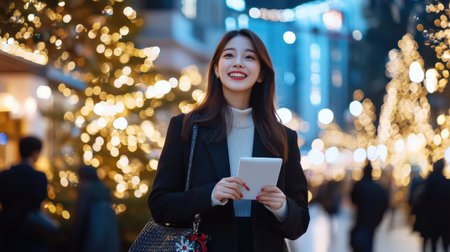 A Asia Japan businesswoman sending out holiday emails with a festive background, celebrating Christmas in a professional settingの素材