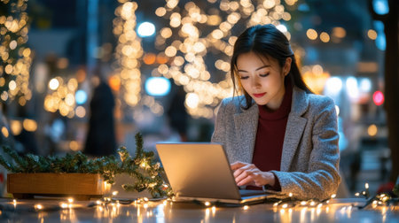 A Asia Japan businesswoman sending out holiday emails with a festive background, celebrating Christmas in a professional setting --ar 16:9 --personalize jaydbm9 --v 6.1 Job ID: 7c30c3ec-406b-4e24-8cba-4f5d7ed35cf1の素材