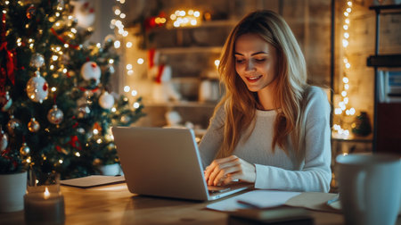 A businesswoman sending out holiday emails with a festive background, celebrating Christmas in a professional settingの素材