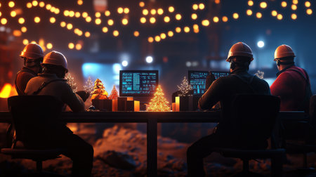 A close-up A team of miner enjoying a virtual Christmas celebration, with festive backgrounds and holiday cheerの素材
