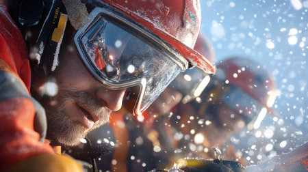 A close-up A team of miner enjoying a virtual Christmas celebration, with festive backgrounds and holiday cheerの素材