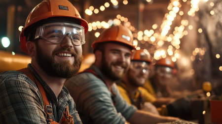 A close-up A team of miner enjoying a virtual Christmas celebration, with festive backgrounds and holiday cheerの素材