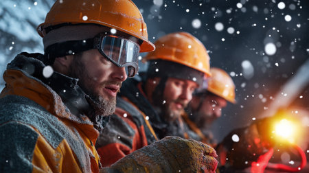 A close-up A team of miner enjoying a virtual Christmas celebration, with festive backgrounds and holiday cheerの素材
