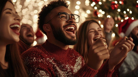 A close-up A team of employees enjoying a virtual Christmas celebration, with festive backgrounds and holiday cheerの素材