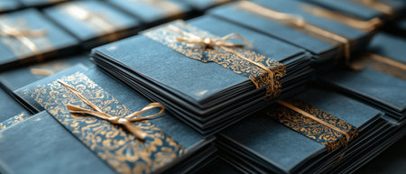 A close-up of Christmas cards with business branding, ready to be sent to clients and partnersの素材