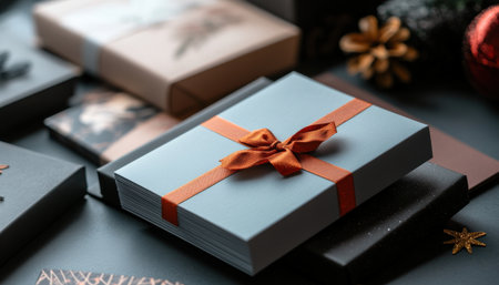 A close-up of Christmas cards with business branding, ready to be sent to clients and partnersの素材