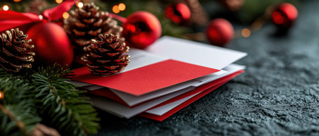 A close-up of Christmas cards with business branding, ready to be sent to clients and partnersの素材