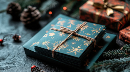 A close-up of Christmas cards with business branding, ready to be sent to clients and partnersの素材