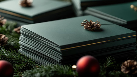 A close-up of Christmas cards with business branding, ready to be sent to clients and partnersの素材