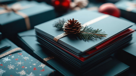 A close-up of Christmas cards with business branding, ready to be sent to clients and partnersの素材