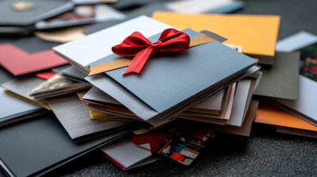 A close-up of Christmas cards with business branding, ready to be sent to clients and partnersの素材