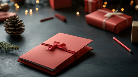 A close-up of Christmas cards with business branding, ready to be sent to clients and partnersの素材