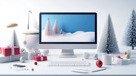A festive holiday email campaign being designed on a computer screen, showcasing a business Christmas greetingの素材