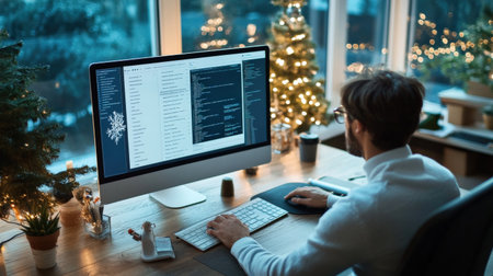 A festive holiday email campaign being designed on a computer screen, showcasing a business Christmas greetingの素材