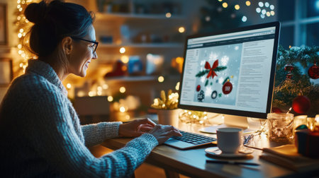 A festive holiday email campaign being designed on a computer screen, showcasing a business Christmas greetingの素材