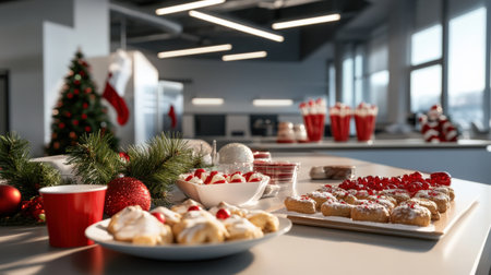 An office break room with Christmas treats and decorations, creating a festive atmosphere for employeesの素材