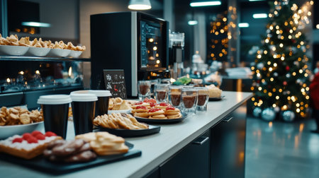 An office break room with Christmas treats and decorations, creating a festive atmosphere for employeesの素材