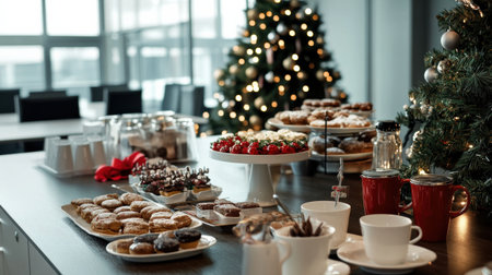 An office break room with Christmas treats and decorations, creating a festive atmosphere for employeesの素材