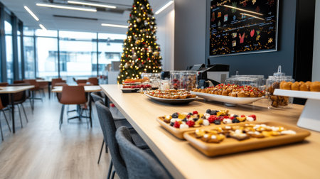 An office break room with Christmas treats and decorations, creating a festive atmosphere for employeesの素材