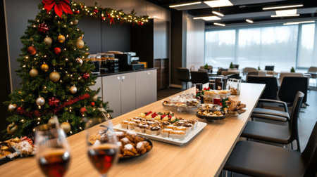 An office break room with Christmas treats and decorations, creating a festive atmosphere for employeesの素材