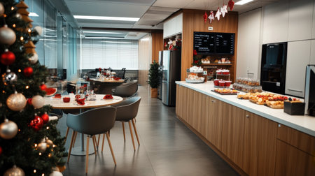 An office break room with Christmas treats and decorations, creating a festive atmosphere for employeesの素材
