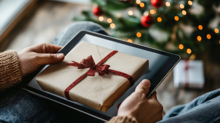 A close-up of a holiday-themed email with a business Christmas message displayed on a tablet screenの素材