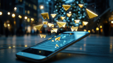 A close-up of a holiday-themed email with a business Christmas message displayed on a Smart phone screenの素材