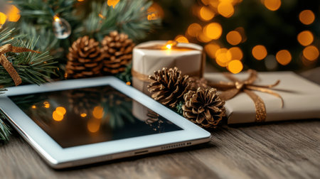 A close-up of a holiday-themed email with a business Christmas message displayed on a tablet screenの素材