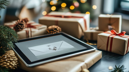 A close-up of a holiday-themed email with a business Christmas message displayed on a tablet screenの素材