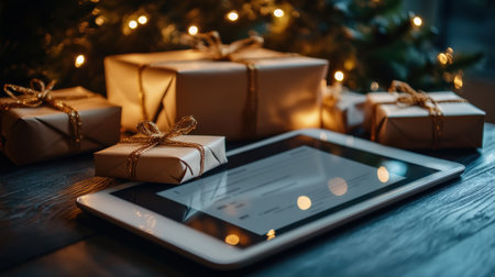 A close-up of a holiday-themed email with a business Christmas message displayed on a tablet screenの素材