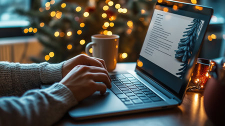 A close-up of a holiday-themed email with a business Christmas message displayed on a laptop screenの素材