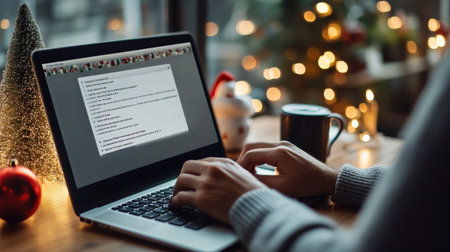 A close-up of a holiday-themed email with a business Christmas message displayed on a laptop screenの素材