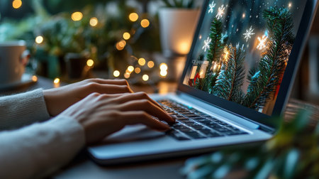 A close-up of a holiday-themed email with a business Christmas message displayed on a laptop screenの素材