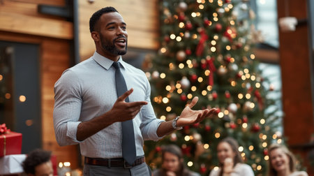 A black man CEO giving a Christmas speech to employees during a company holiday party, with a tree and gifts in the backgroundの素材
